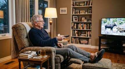 Senior citizen watching TV at home with remote control, comfortable retirement lifestyle, relaxed evening routine in cozy interior, leisure and wellbeing concept, casual clothing, soft ambient light,