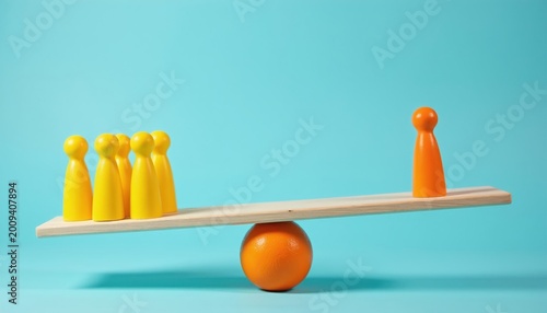Five yellow figures and one orange figure on seesaw. Group versus individual concept on tilted plank. Wood game pieces represent unequal balance on orange.