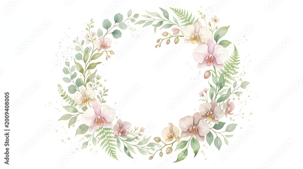 Fototapeta premium Watercolor floral wreath with delicate pink and yellow flowers and green leaves watercolor botanical decoration invitation