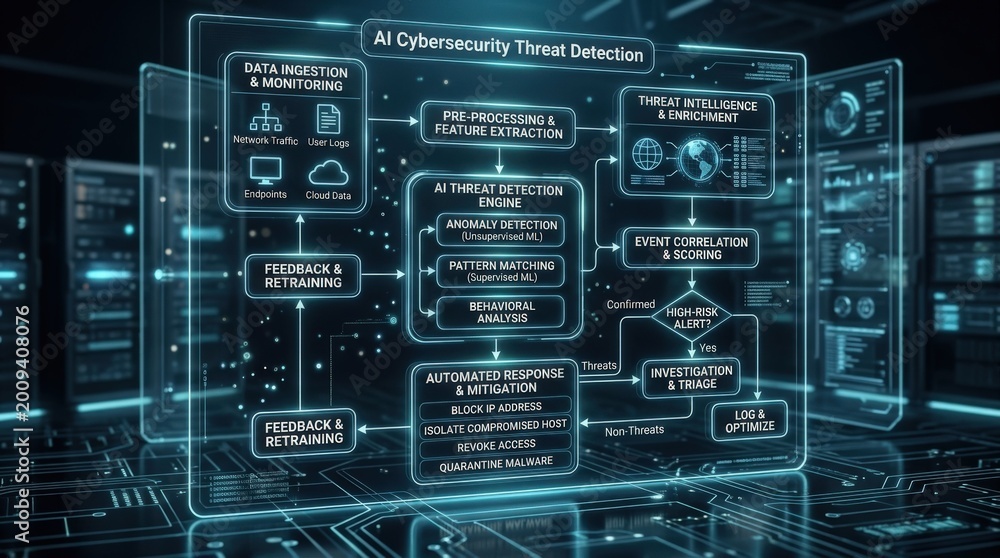 Fototapeta premium AI Cybersecurity Threat Detection Flowchart for Security, enterprise cybersecurity, anomaly detection, secure access, threat intelligence and resilient protection, dark premium tech scene, luminous