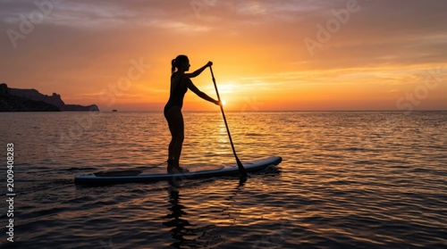 Silhouette of woman walking on SUP board by the sea during summer vacation, golden sunset travel lifestyle, coastal sport, balance, freedom and serene ocean adventure, clean horizon composition with
