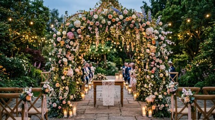 Enchanting floral wedding arch with cascading blooms and lights, elegant ceremony decor concept with romantic garden styling and soft glow, realistic detail, no logos