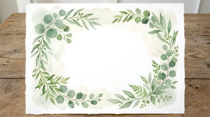 Watercolor greenery frame with eucalyptus leaves and ferns on a textured paper background watercolor greenery eucalyptus