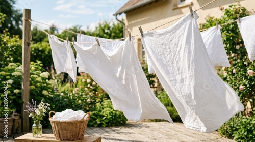 Bed sheets in the sun, fresh laundry lifestyle concept for home care, cleanliness, soft textiles, minimal living and domestic comfort, bright airy composition with natural softness and calm mood,