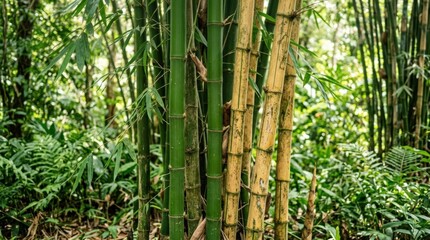 Bamboo stalks in green and yellow tones, natural botanical texture, fresh tropical plant background, soft light, realistic detail, no logos