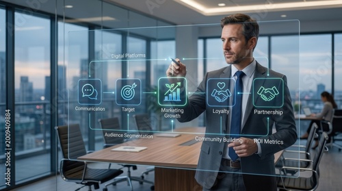Businessman planning digital brand awareness with communication, target, marketing growth, loyalty and partnership icons, corporate branding strategy concept in a modern enterprise setting, clear