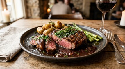 Juicy meat dish garnished with herbs on a plate, gourmet savory meal with rich texture and appetizing restaurant presentation, warm light, realistic food detail, no logos