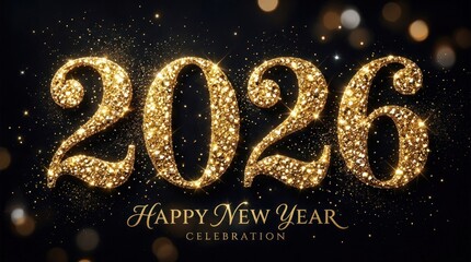 Golden glitter forming 2026 on dark black background, elegant New Year celebration design with sparkling luxury finish and bold contrast, no logos