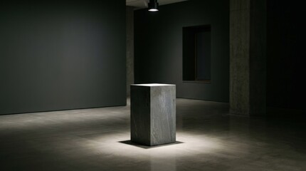 Stone pedestal in spotlight inside empty exhibition space, luxury product display background, minimal gallery setting, clean architecture, dramatic shadows, refined studio lighting, no logos