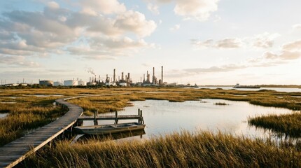 Port Arthur Louisiana style landscape scene, southern coastal environment for travel, industry, nature and regional themes, open terrain and atmospheric sky, realistic textures, bright natural light,