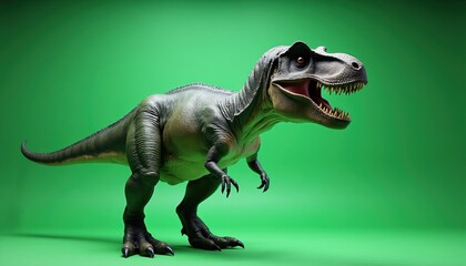 Realistic 3D Tyrannosaurus Rex dinosaur stands against a green screen background. Creature has sharp teeth and claws ready for action. Perfect for educational or entertainment content creation.