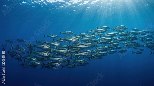 School of yellowfin tuna gliding through the deep blue ocean, marine wildlife concept for nature, conservation, underwater travel and aquatic themes, synchronized movement, clear water, realistic fish