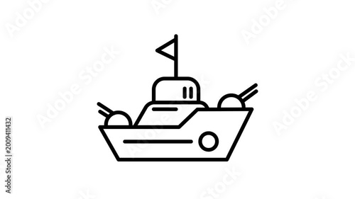 Warship Icon, Minimalist Outline Animation, Seamless Loop, 4K Transparent Background