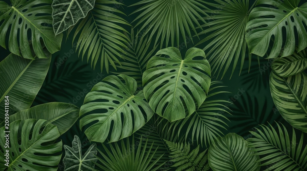 Fototapeta premium Abstract tropical leaf texture on a dark green background, lush botanical foliage pattern with rich natural layers, elegant jungle inspired backdrop for wellness, spa, eco design and packaging, soft