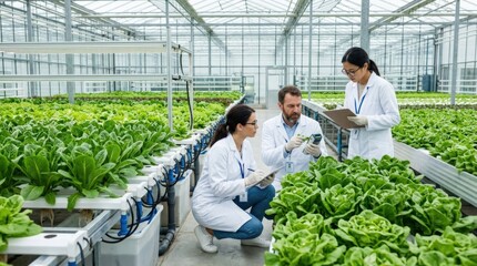 Scientists examining the quality of organic vegetables in a hydroponic farm, agricultural research, food safety and sustainable cultivation with modern greenhouse methods, soft natural light,