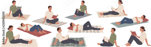 Diverse people reading books on striped and plain rugs in various relaxed poses