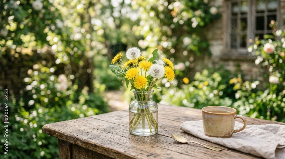 Fototapeta premium Rustic wooden table with a small vase of delicate dandelions, fresh spring morning atmosphere and natural seasonal concept for home branding, wellness advertising and editorial product placement,