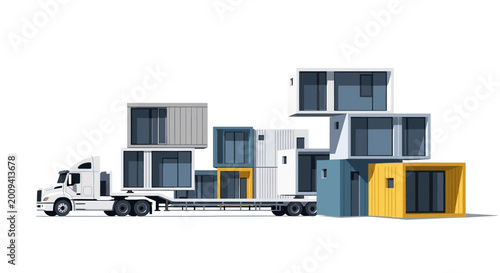 Semi Truck Delivering Modular Container Units for Sustainable Prefabricated Housing and Modern Office Construction