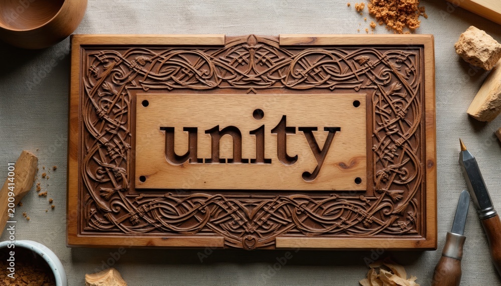 Naklejka premium Ornate Celtic wood carving with word unity. Detailed interlaced knotwork border frames central text. Tools and wood pieces suggest craft process.