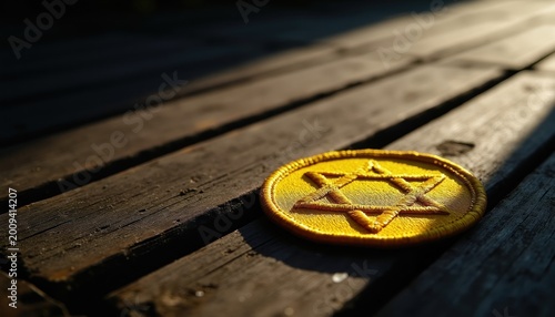 Yellow Star of David patch on dark wood planks. Symbol of Jewish persecution during World War II genocide. A solemn reminder of past atrocities, remembrance and human rights.