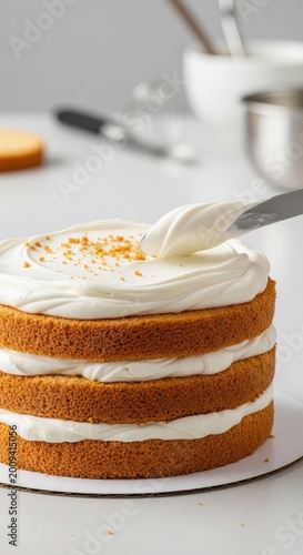 Delicious Homemade Vanilla Layer Cake Being Frosted with Creamy Icing.