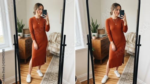 Woman taking a mirror selfie with a dress at home using smartphone, outfit sharing online, social media content, fashion decision process and digital identity expression, stylish modern lifestyle