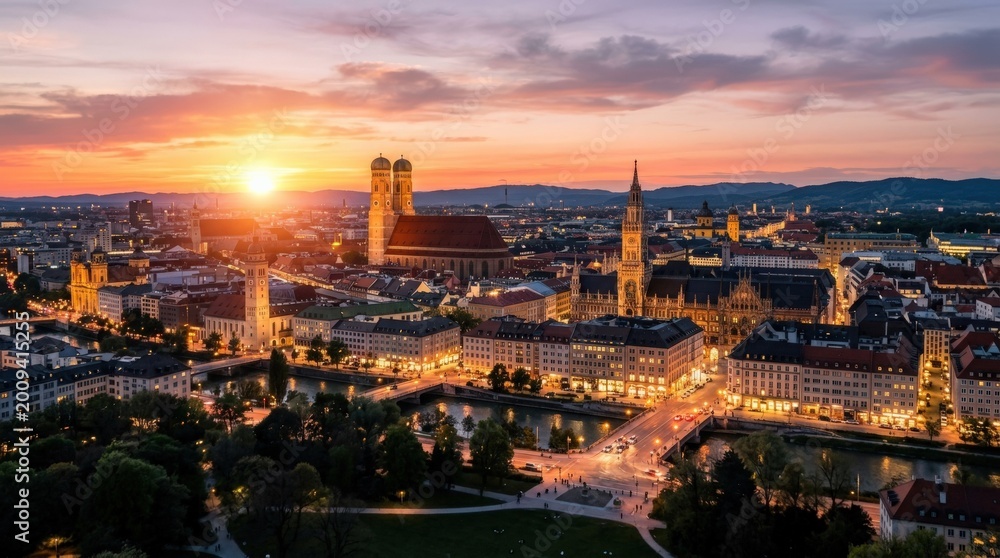 Naklejka premium Sunset view over Munich Germany, glowing city skyline, urban destination, European travel atmosphere, warm evening light, architectural panorama, tourism concept, scenic city mood, clean composition,