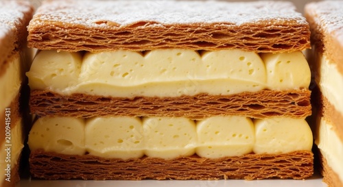 Delicious Mille-feuille Pastry with Cream and Powdered Sugar.