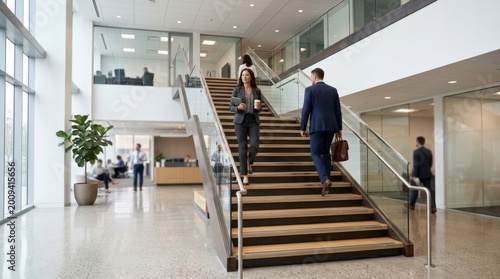 Stairs to the office commercial scene, clean realistic composition for stock use, clear subject focus, balanced framing, natural or studio light, detailed finish, balanced framing, marketable