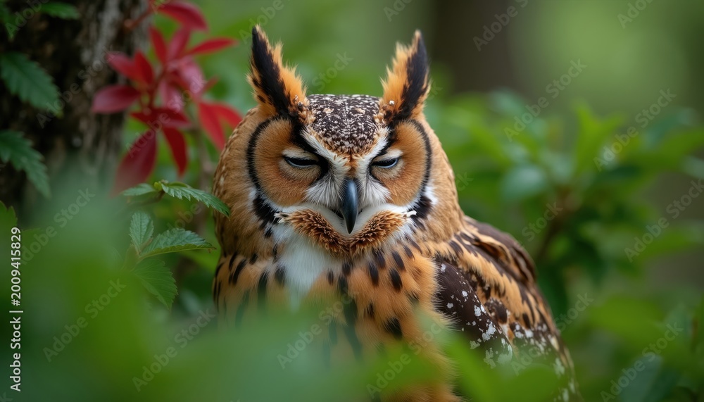 Obraz premium Close up of sleepy brown owl with closed eyes resting on tree branch. Its patterned feathers show detail amid green forest foliage. Bird is calm and quiet in its natural habitat.