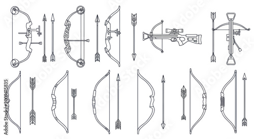 Canvastavla Archery Equipment: Bows, Arrows, and Crossbows Collection - Vector Line Art