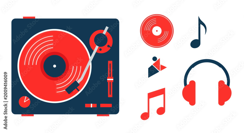 Obraz premium Retro Turntable and Music Icons: Vinyl Record, Headphones, Notes