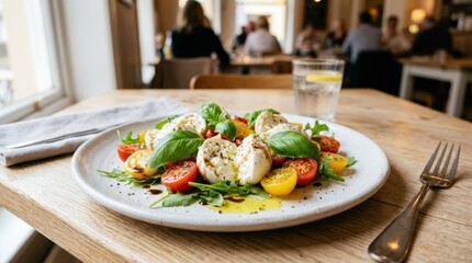 Mozzarella salad with fresh ingredients, light restaurant dish with creamy cheese and vibrant vegetables in clean plating, realistic detail, no logos
