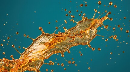 Dynamic amber liquid splash against a teal background, macro fluid motion with glossy droplets and bold color contrast, clean abstract composition, sharp high speed detail, no logos