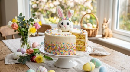 Festive Easter cake with a white bunny face and colorful sprinkles, seasonal holiday dessert with playful decoration and sweet bakery appeal, bright soft light, realistic food detail, no logos
