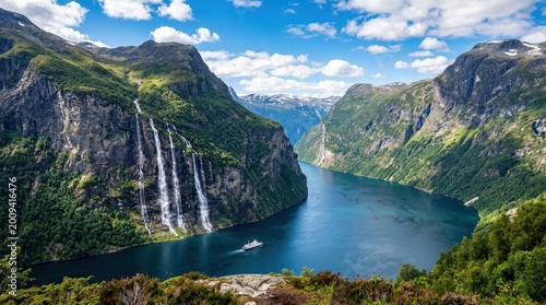 Breathtaking view of Sunnylvsfjorden fjord and Seven Sisters waterfalls in western Norway, dramatic mountain landscape with deep blue water and iconic cascades in bright travel light, realistic