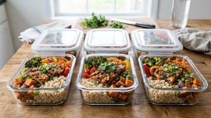 Healthy plant based meal prep with grilled tofu rice and colorful vegetables, balanced nutrition concept in convenient containers, no logos