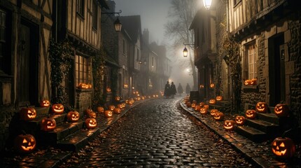 Spooky cobblestone street lined with glowing jack-o'-lanterns on foggy Halloween night, eerie autumn scene with cinematic mist and haunting festive atmosphere, realistic detail, no logos