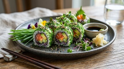 Creative sushi rolls with fresh wheatgrass for a natural twist, modern fusion food concept, appetizing close-up, no logos
