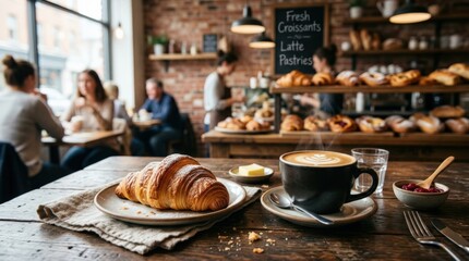 Delicious croissants and coffee served on a wooden table, breakfast cafe concept with fresh pastries and warm beverage, appetizing rustic presentation, soft natural light, realistic detail, no logos