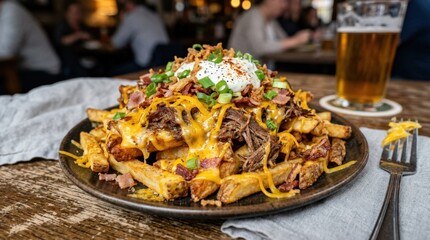 Fries with cheddar and meat on plate, indulgent loaded potato dish with rich toppings and comfort food styling, realistic detail, no logos