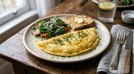 Classic omelette on a plate, simple homemade meal with soft texture and clean food styling, realistic detail, no logos