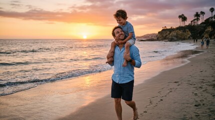 Father and son on a sunset beach, tender family moment with warm horizon glow, relaxed coastal mood and emotional connection, strong parenting and travel appeal, polished photoreal finish, no logos
