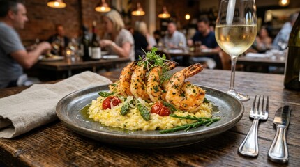 Shrimp dish in a restaurant, gourmet seafood plate, appetizing presentation, realistic food photography, no logos