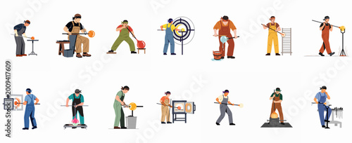 Tableau sur toile Vector illustration collection of professional glassblowers in a workshop environment, demonstrating various stages of the glassmaking and artisanal glass blowing process