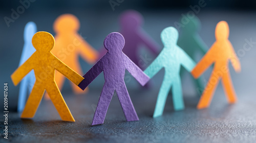 Paper People Harmony: A vibrant arrangement of paper figures, linked hand in hand, embodies the spirit of connection, unity, and the beauty of human diversity.
