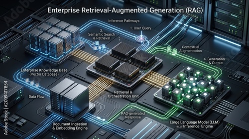 RAG architecture on a modern AI hardware background, enterprise retrieval augmented generation concept with contextual data flow, inference pathways and premium semiconductor textures, dark technology