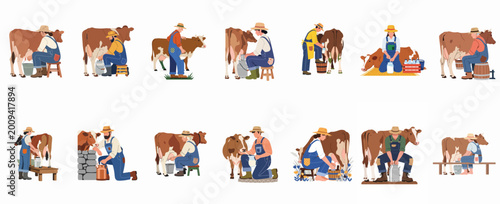 Photos Collection of diverse flat illustrations depicting farmers and milkmaids milking cows and gathering fresh dairy products, isolated on a white background