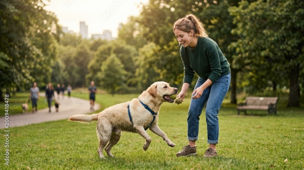 Young woman playing with her energetic Labrador dog in a park, joyful pet owner lifestyle, active outdoor companionship, candid motion and happiness, green urban nature setting, commercial family and