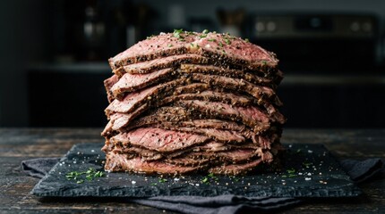 Tall stack of thinly sliced roast beef, perfectly seasoned and tender, hearty meat presentation with rich savory detail and clean dark background, realistic food photography, no logos